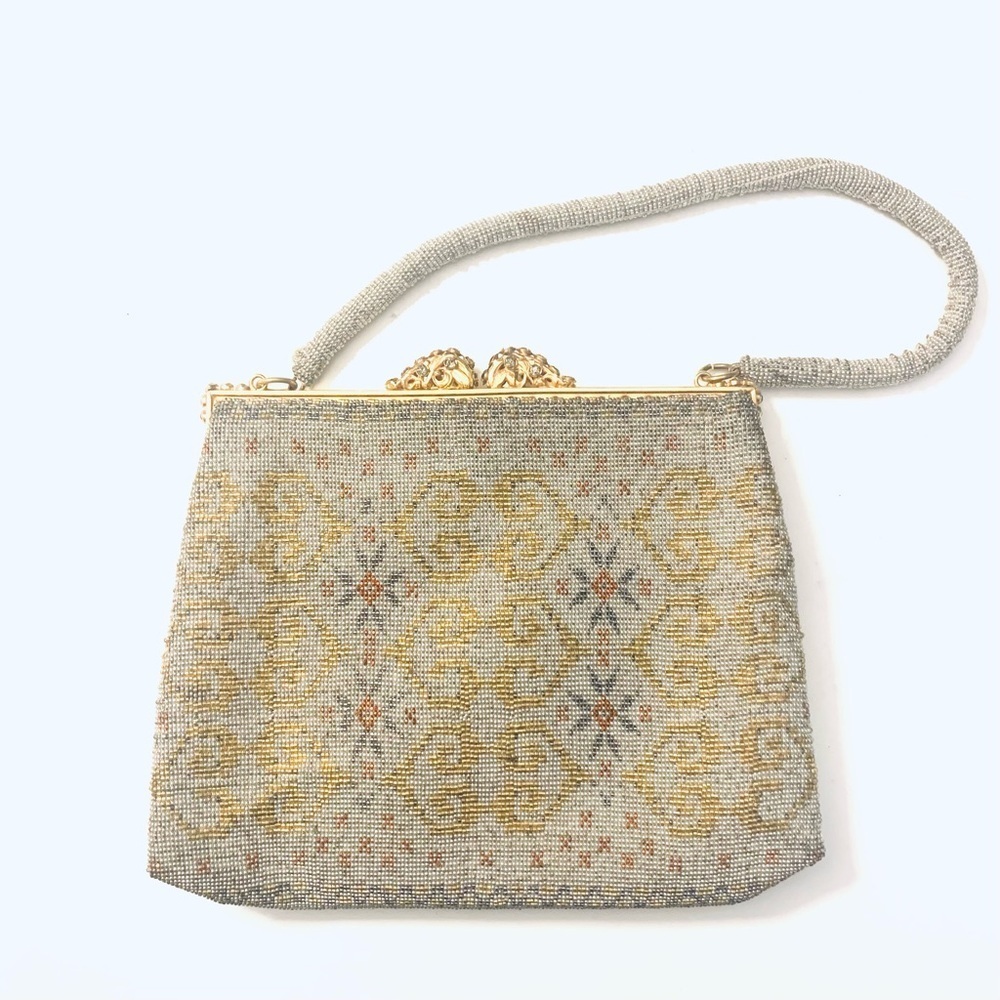 MICHEL SWISS Antique Micro Bead 
Evening Bag Made in France, silver/gold